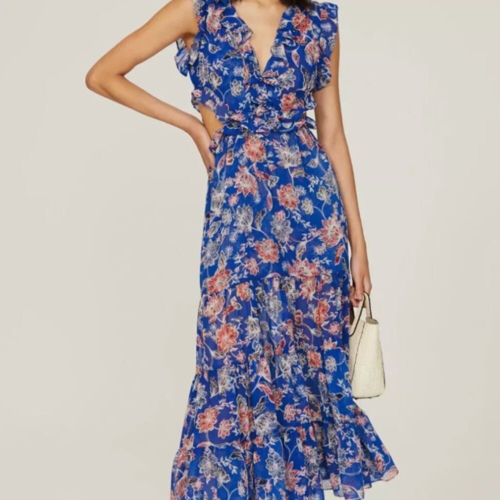 $395 MISA Los Angeles Women's Blue Natasha Cut-Out Ruffled Midi Dress Size S